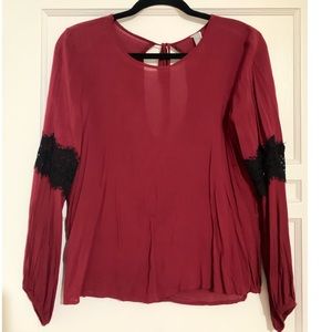 Maroon Long Sleeve Top with Black lace detail - S